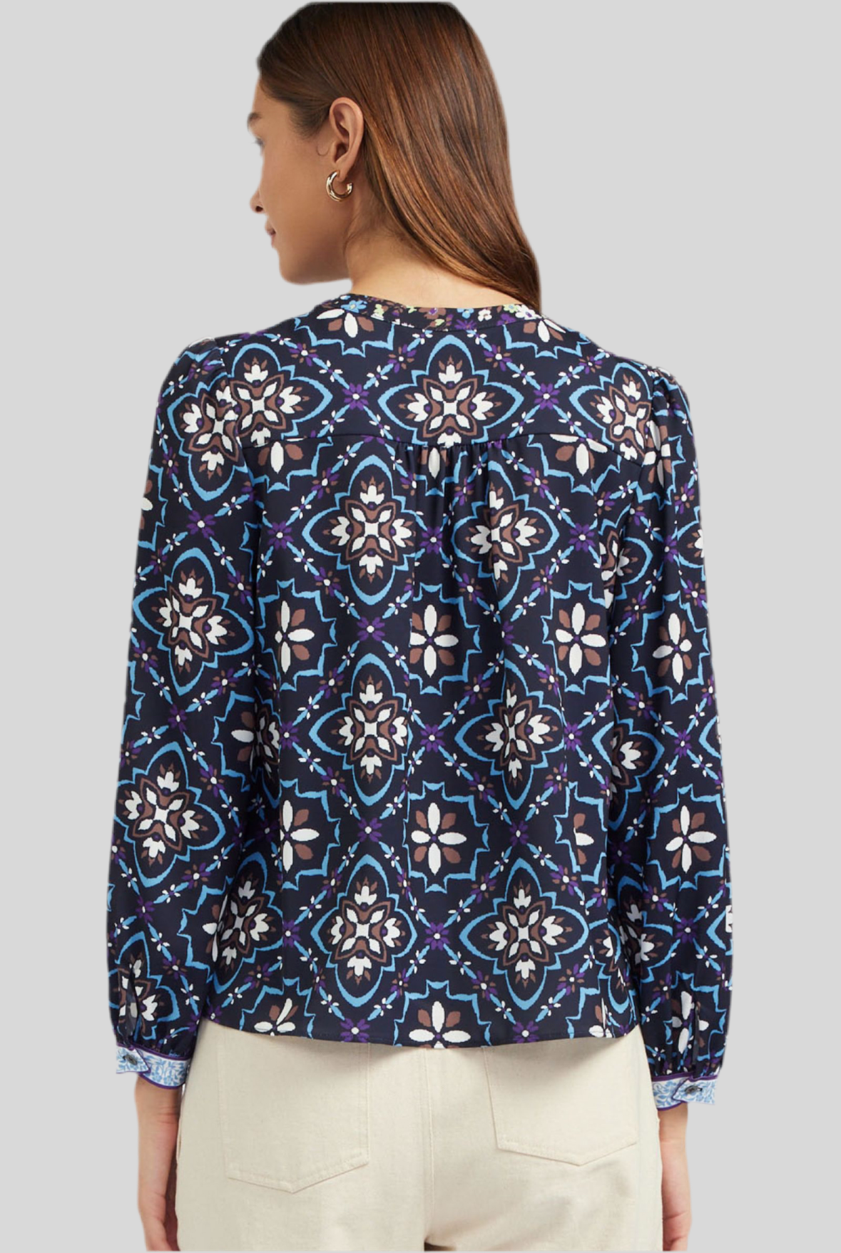 long sleeve blue geometric puffed sleeve blouse