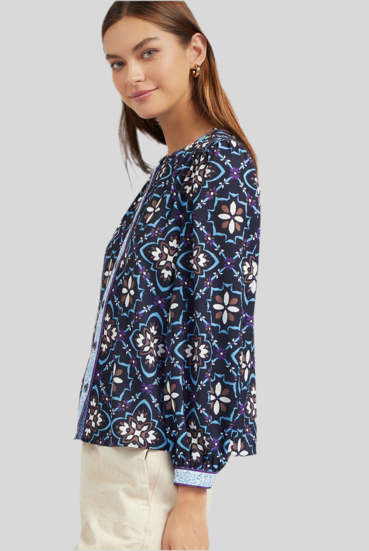 long sleeve blue geometric puffed sleeve blouse