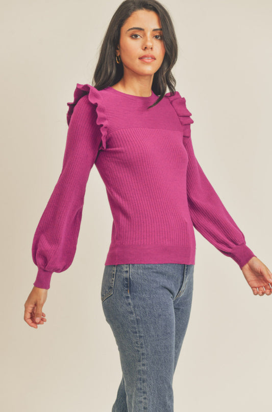 Shoulder Ruffle Crew Neck Sweater