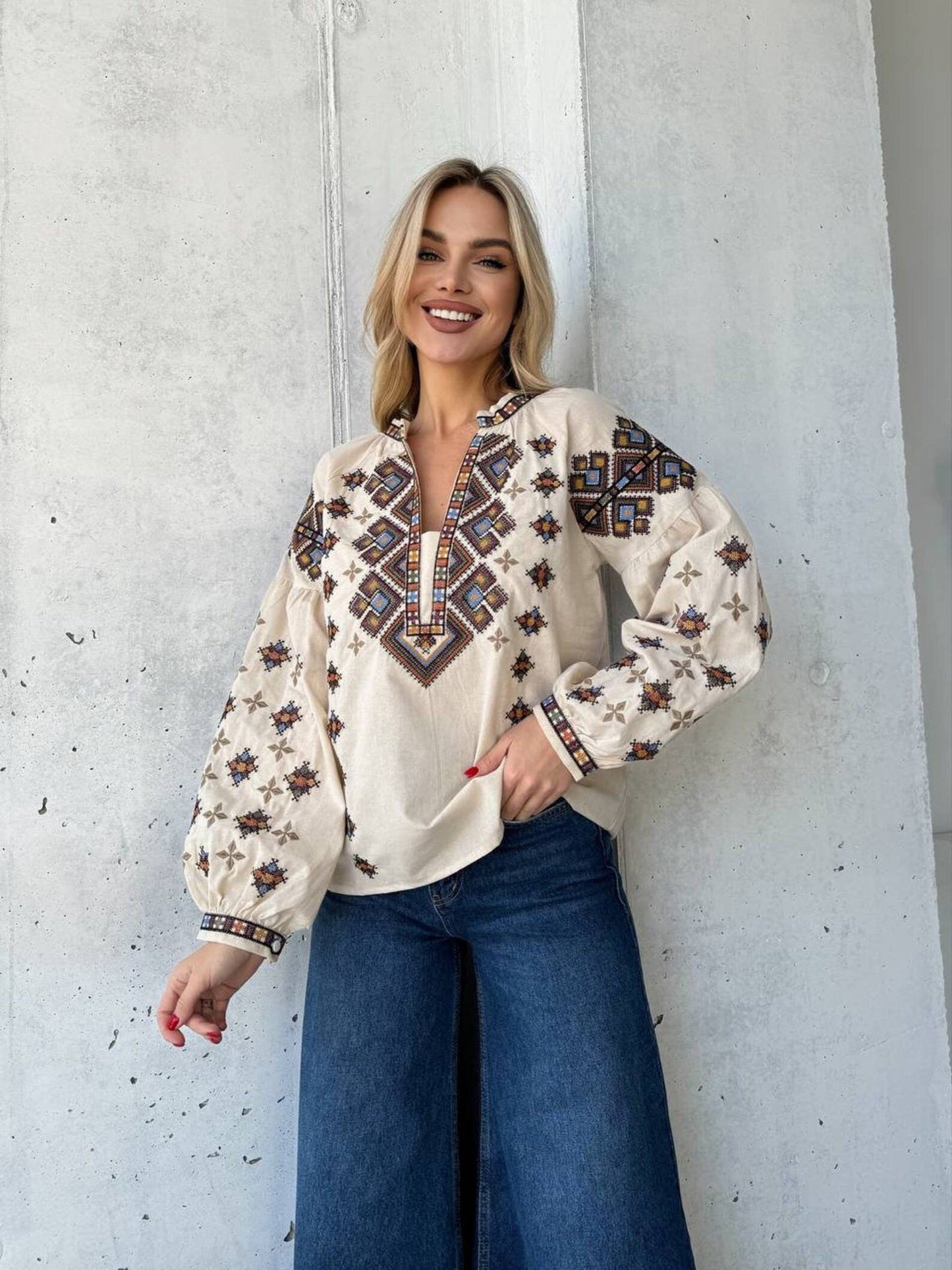 long puff sleeve geometric embroidered split neck linen top