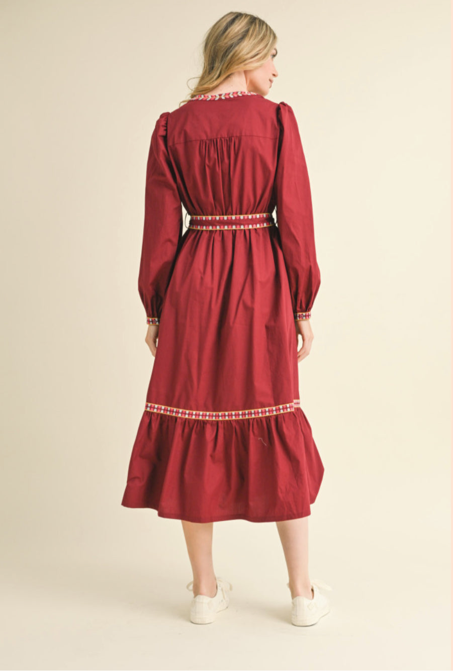 cotton cinched waist embroidered detail belt and ruffle skirt midi dress