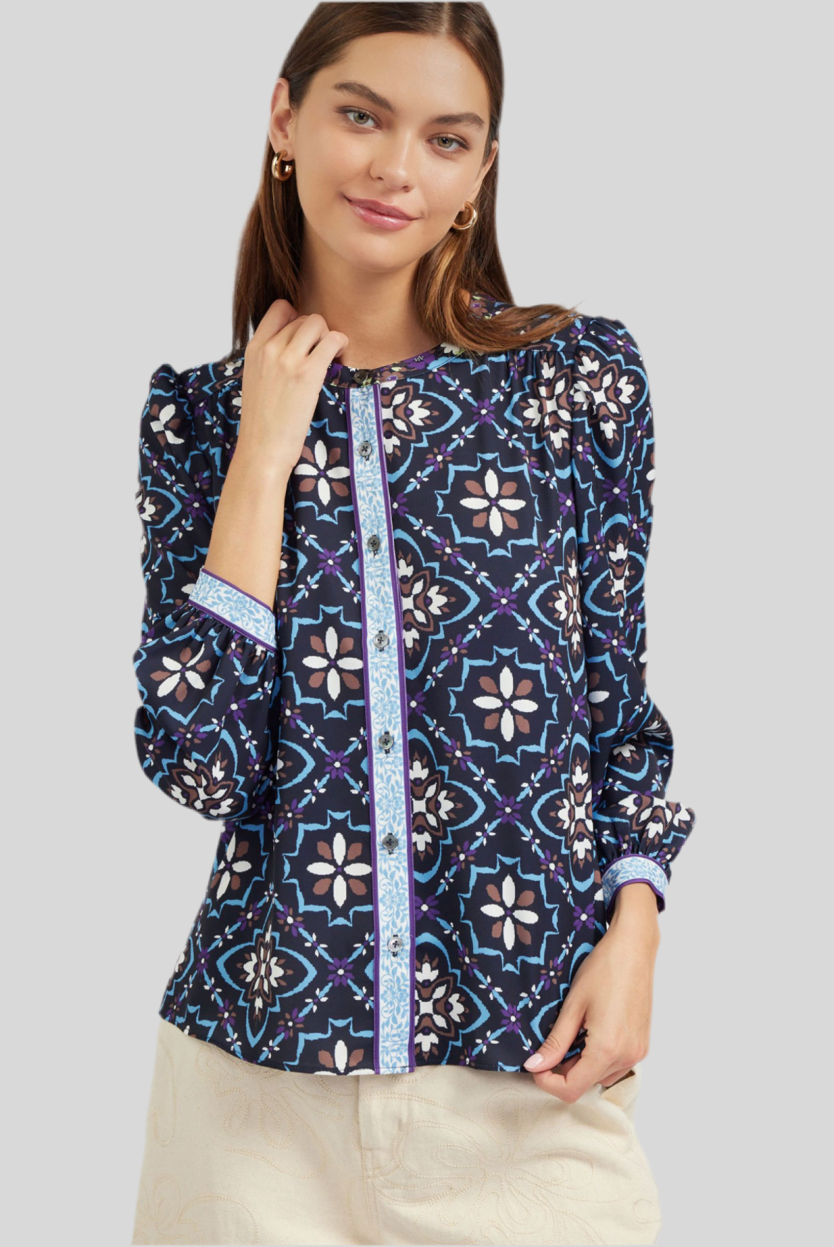 long sleeve blue geometric puffed sleeve blouse