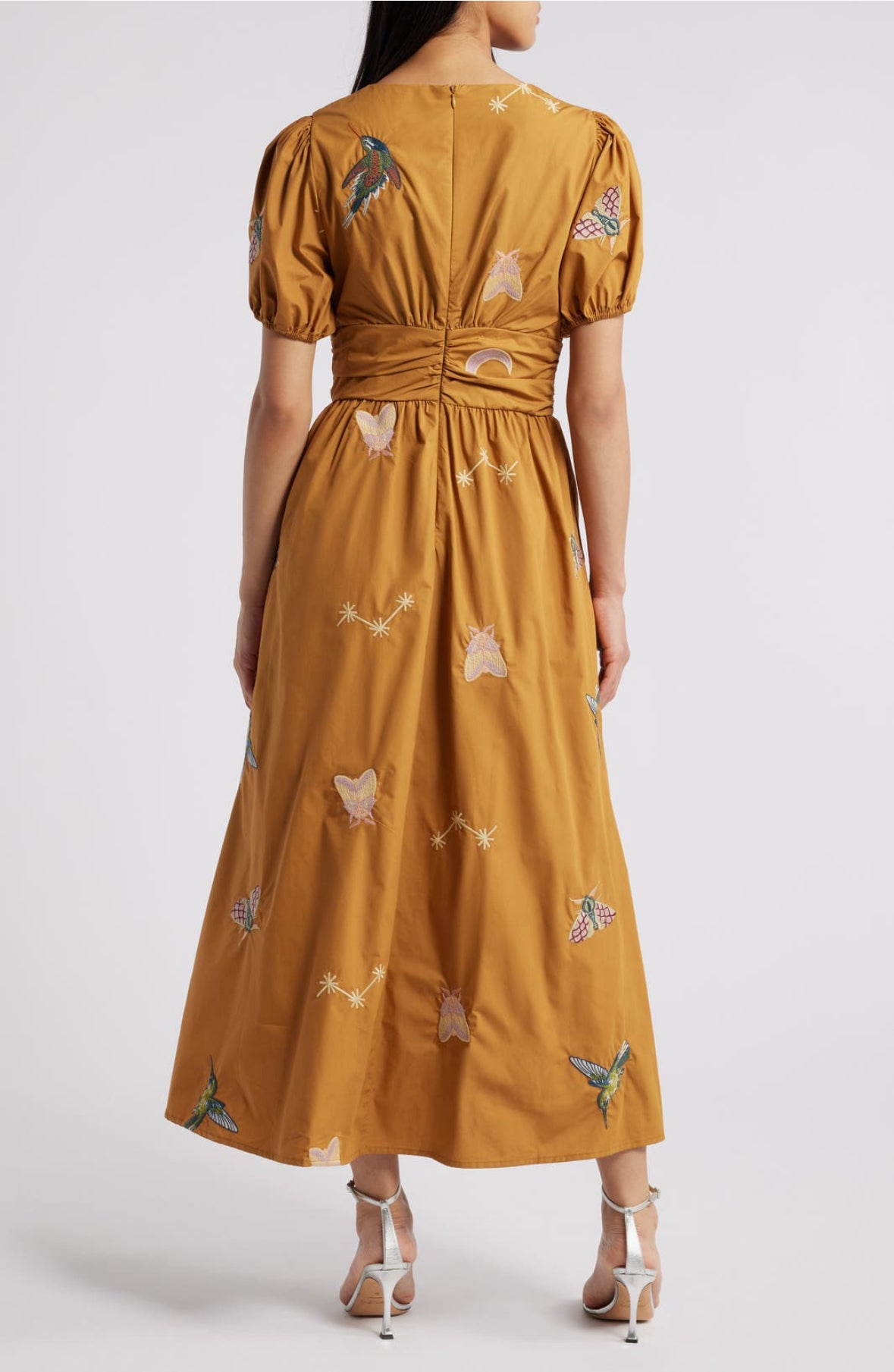 puff sleeve defined waist bird and bug high low midi dress