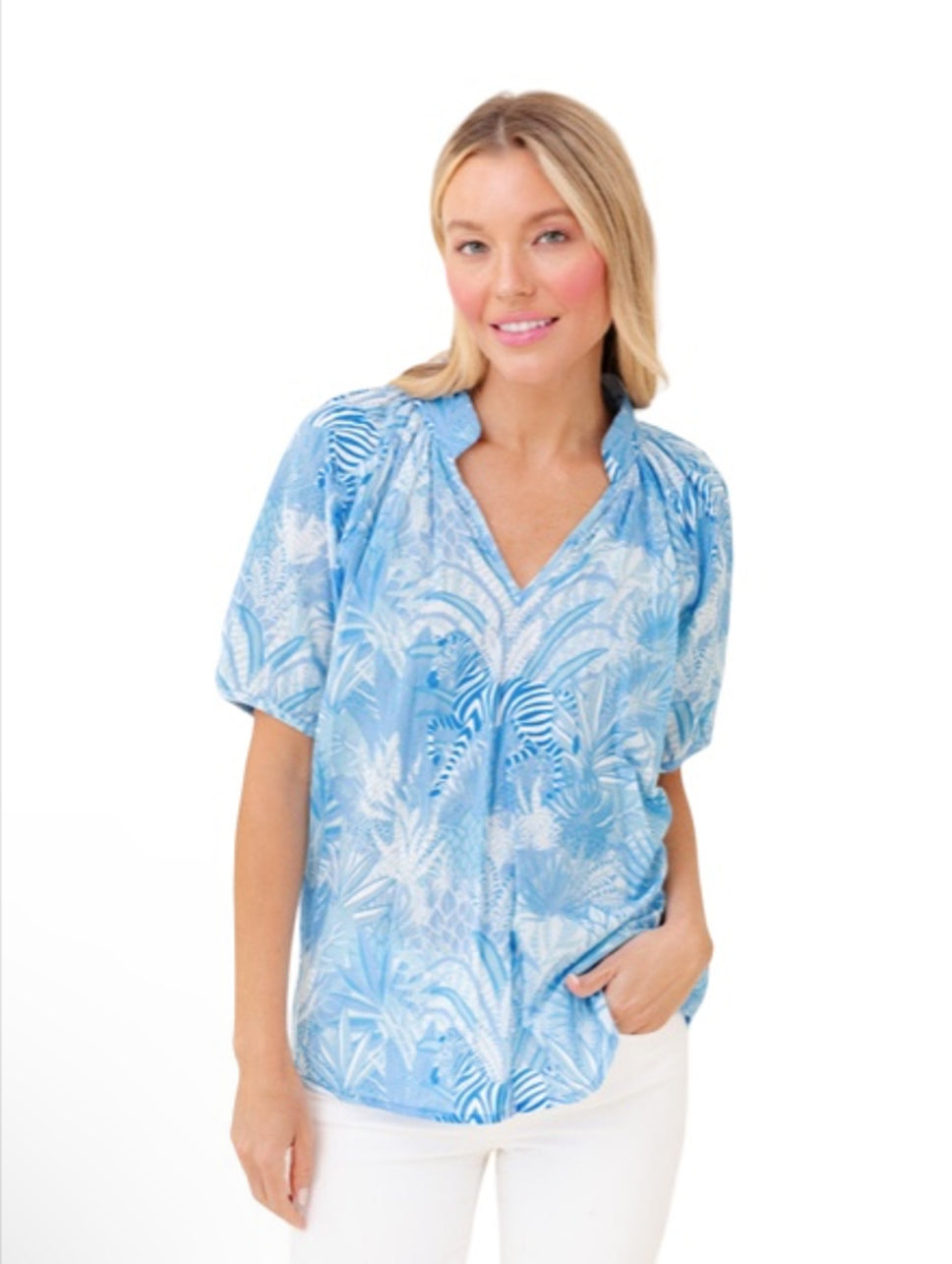 Dana Blouse in French Blue Zebra