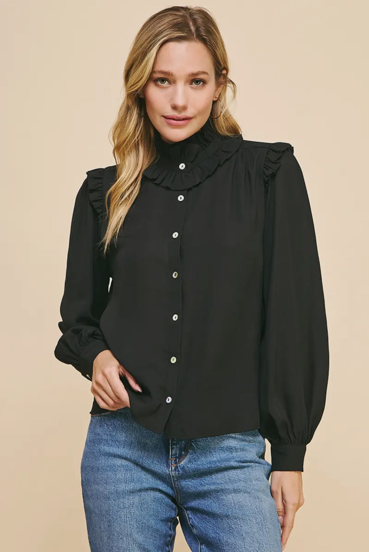 Ruffled Neck Long Sleeve Blouse