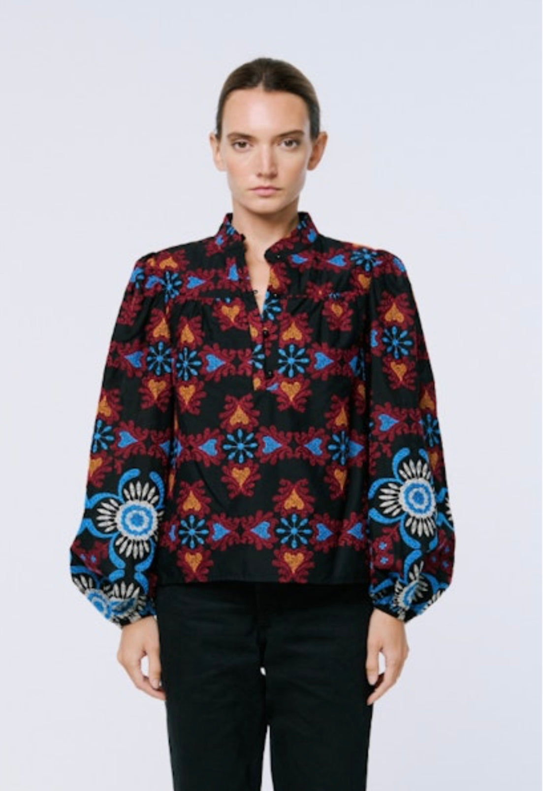 embroidered long sleeve festive fiesta top