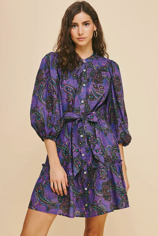 purple paisley button up ruffle skirt mini dress