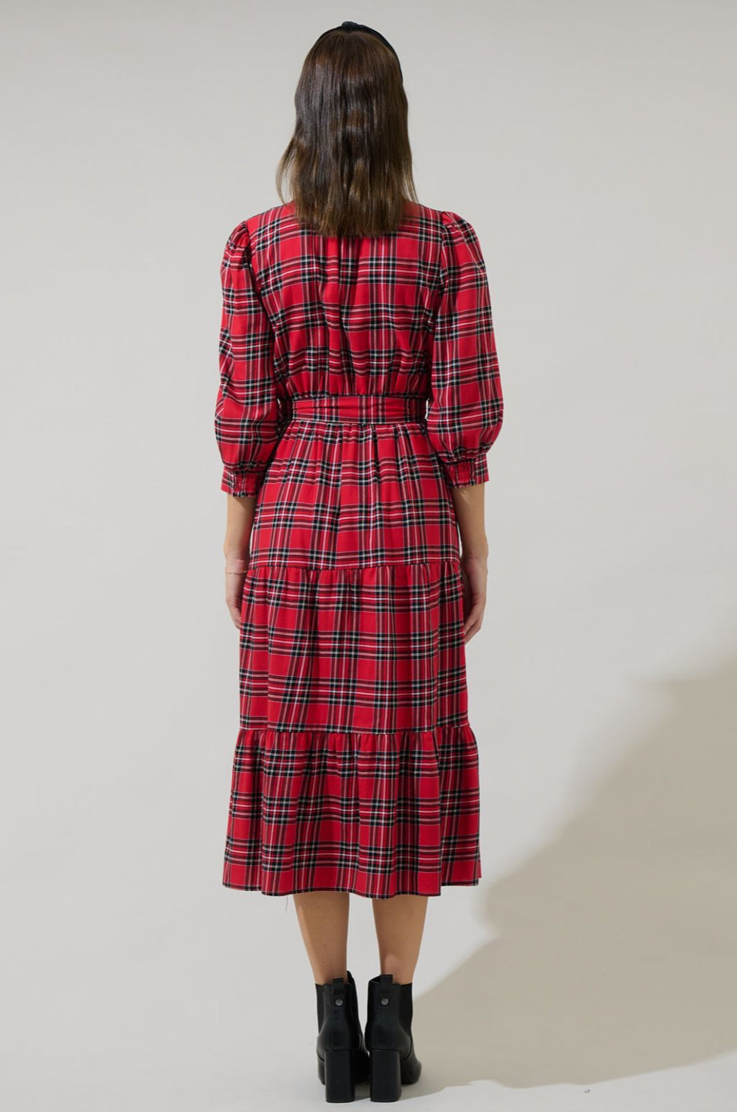 red tartan plaid midi ruffle skirt dress with tie belt