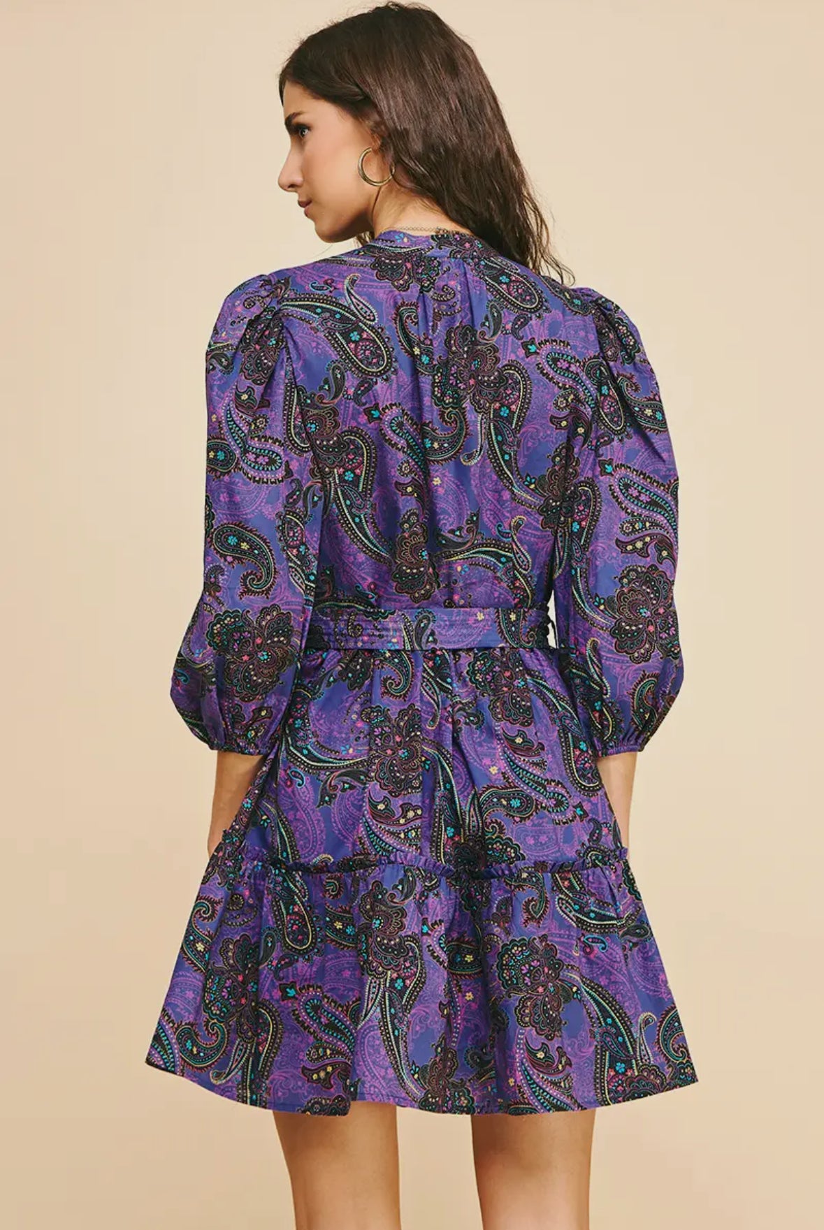 purple paisley button up ruffle skirt mini dress