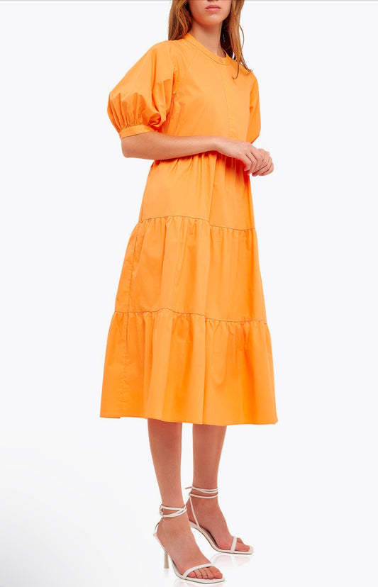 Short Puff Sleeve Midi Dress Orange