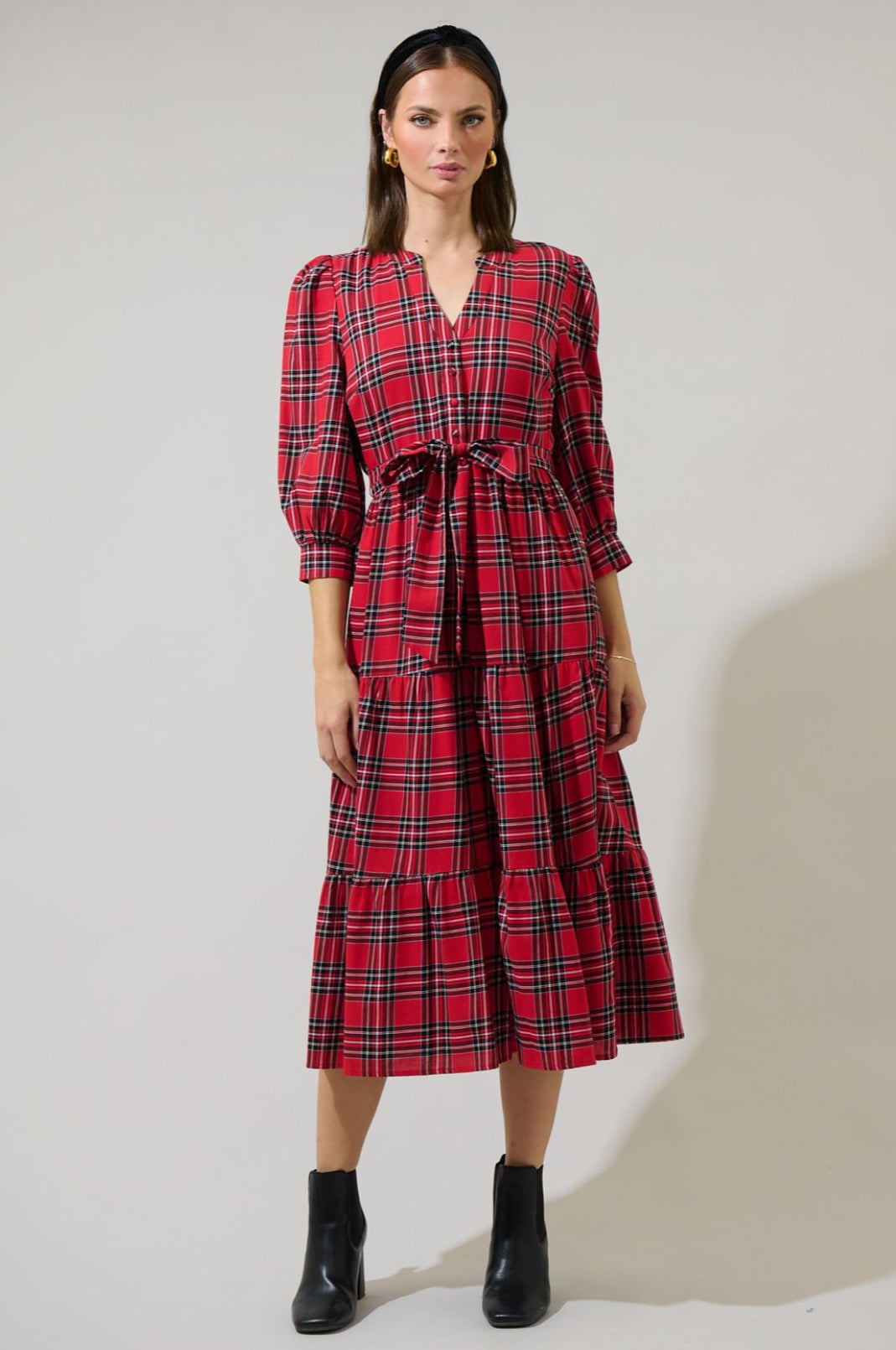 red tartan plaid midi ruffle skirt dress with tie belt