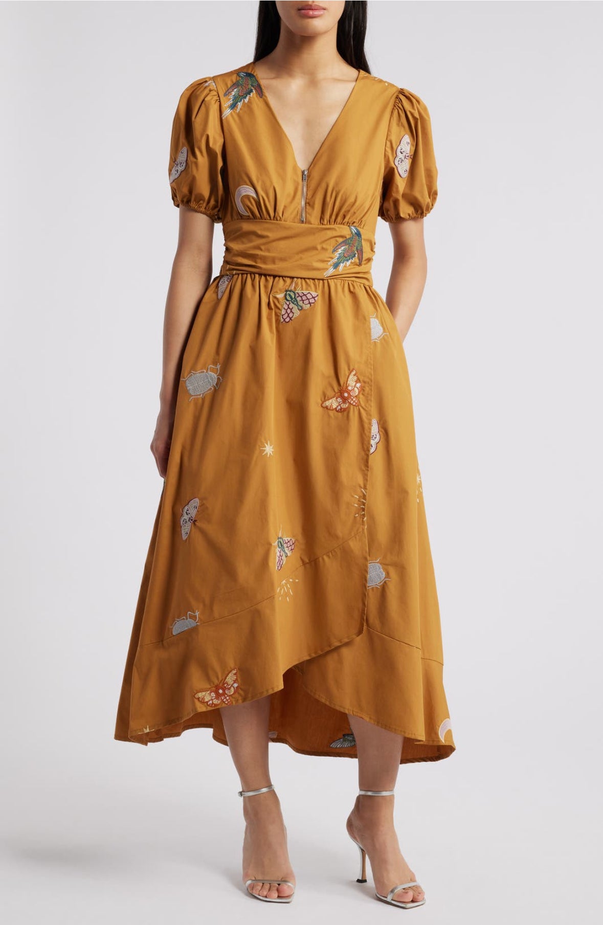 puff sleeve defined waist bird and bug high low midi dress