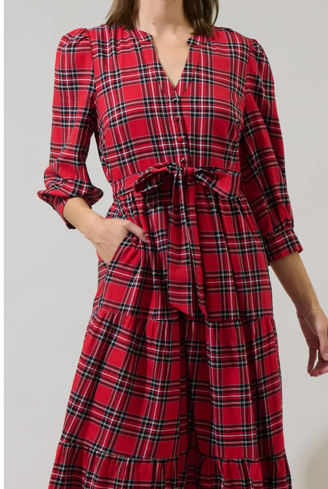 red tartan plaid midi ruffle skirt dress with tie belt