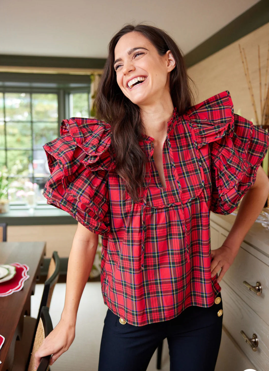 ruffle sleeve tartan Christmas plaid top