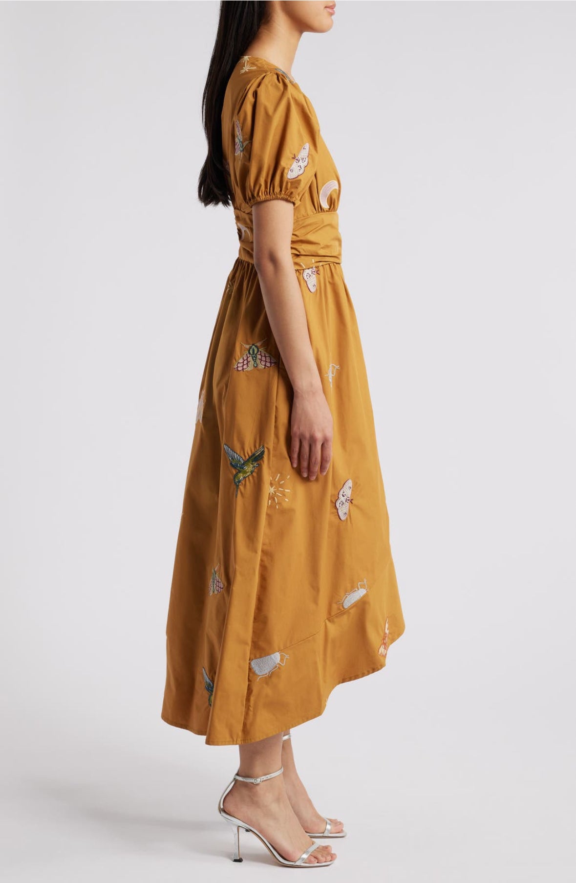 puff sleeve defined waist bird and bug high low midi dress