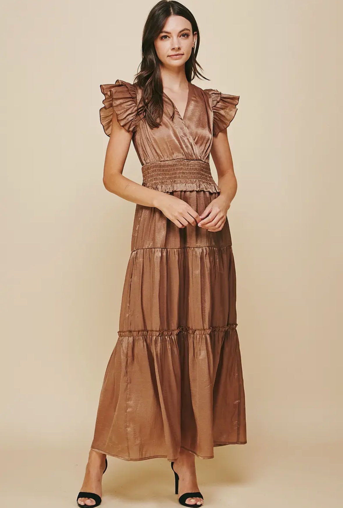 ruffle sleeve tiered midi shiny Christmas holiday gold dress