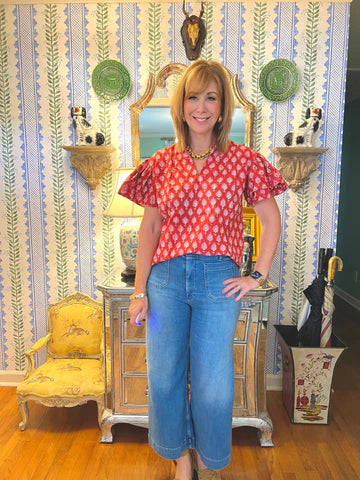 Ruffle sleeve block print gathered collar cotton top at Chatsworth Boutique in Downtown Fairhope