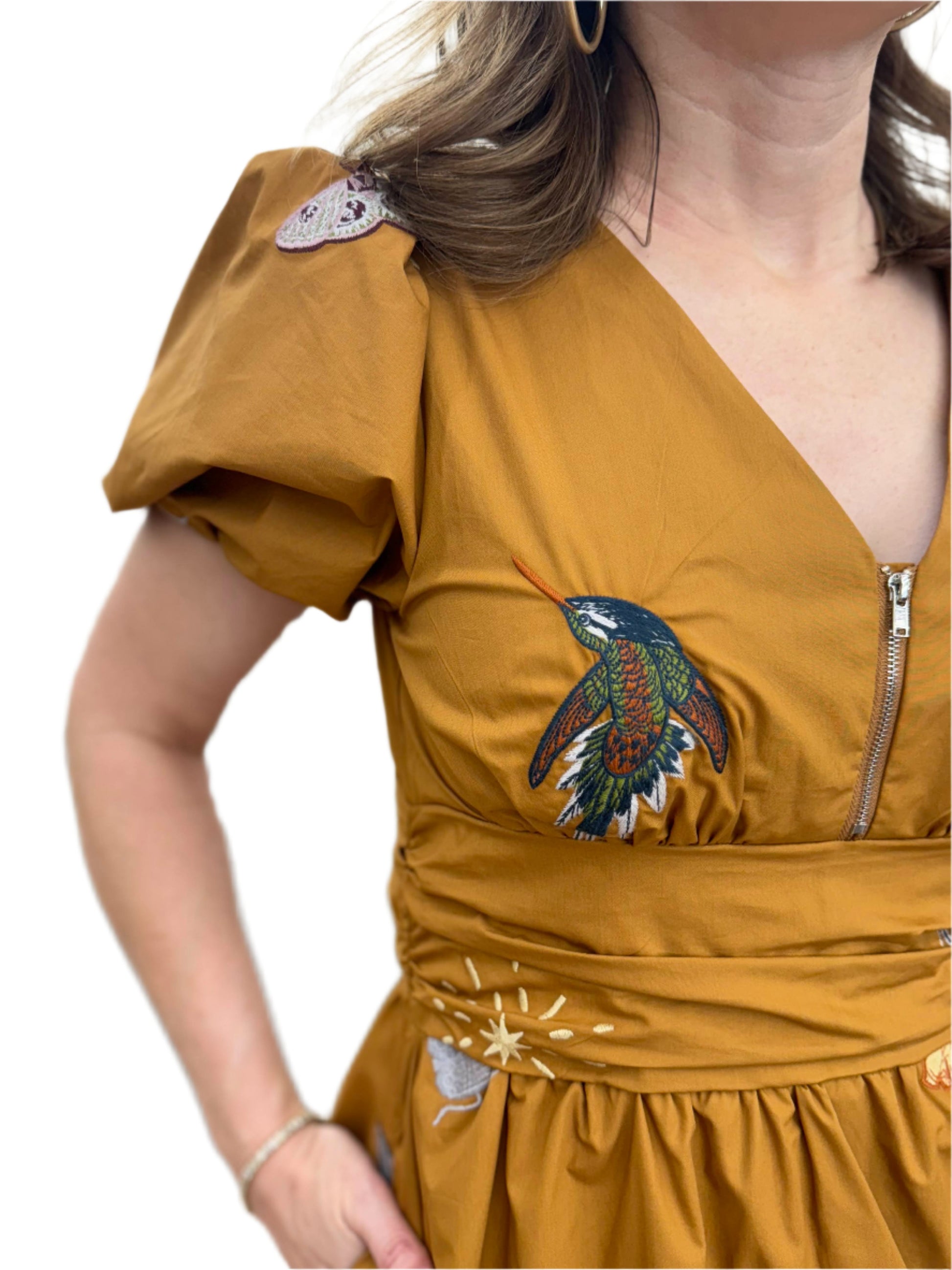 puff sleeve defined waist bird and bug high low midi dress