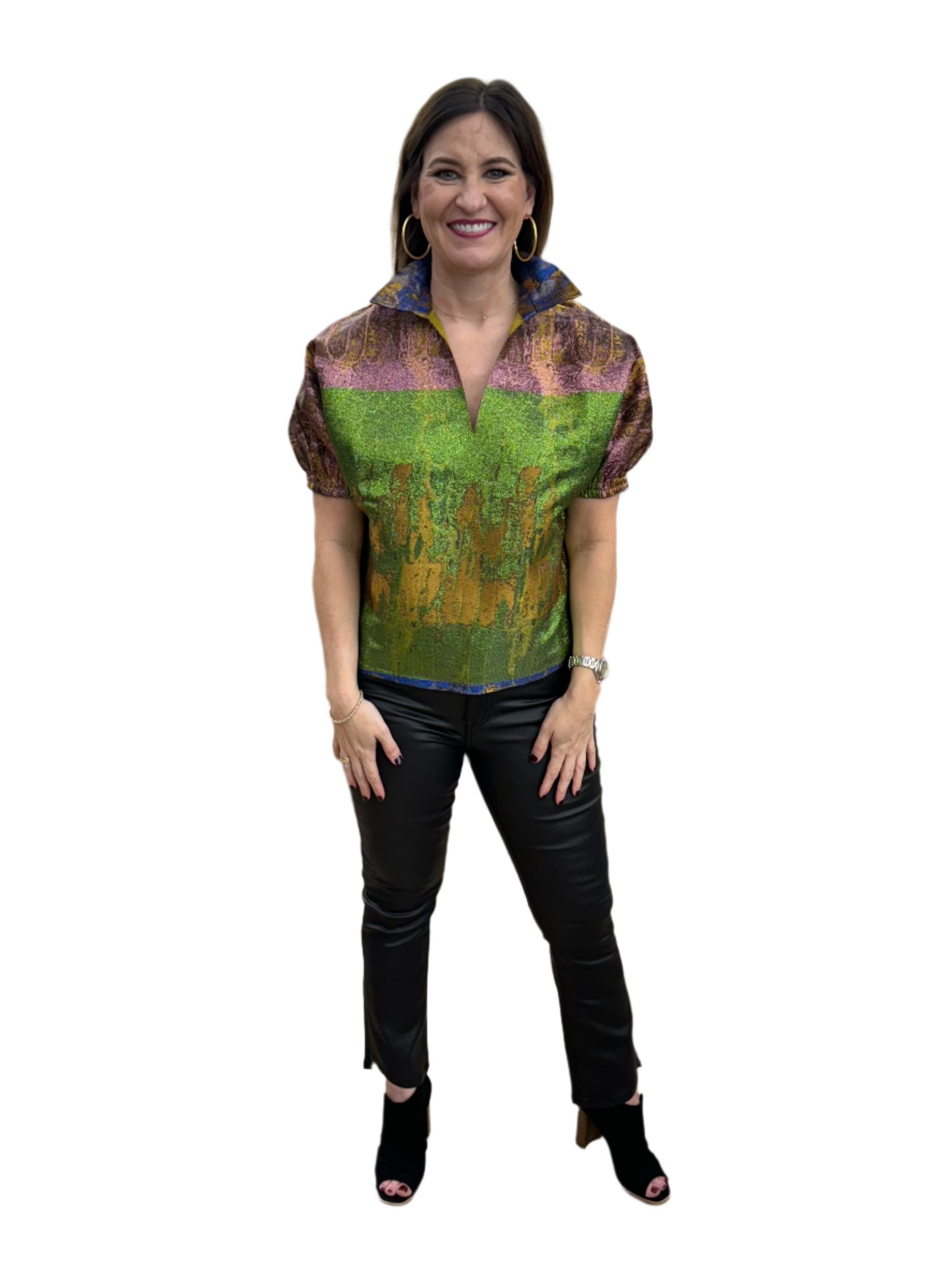 green gold and purple metallic short sleeve mardi gras collared top