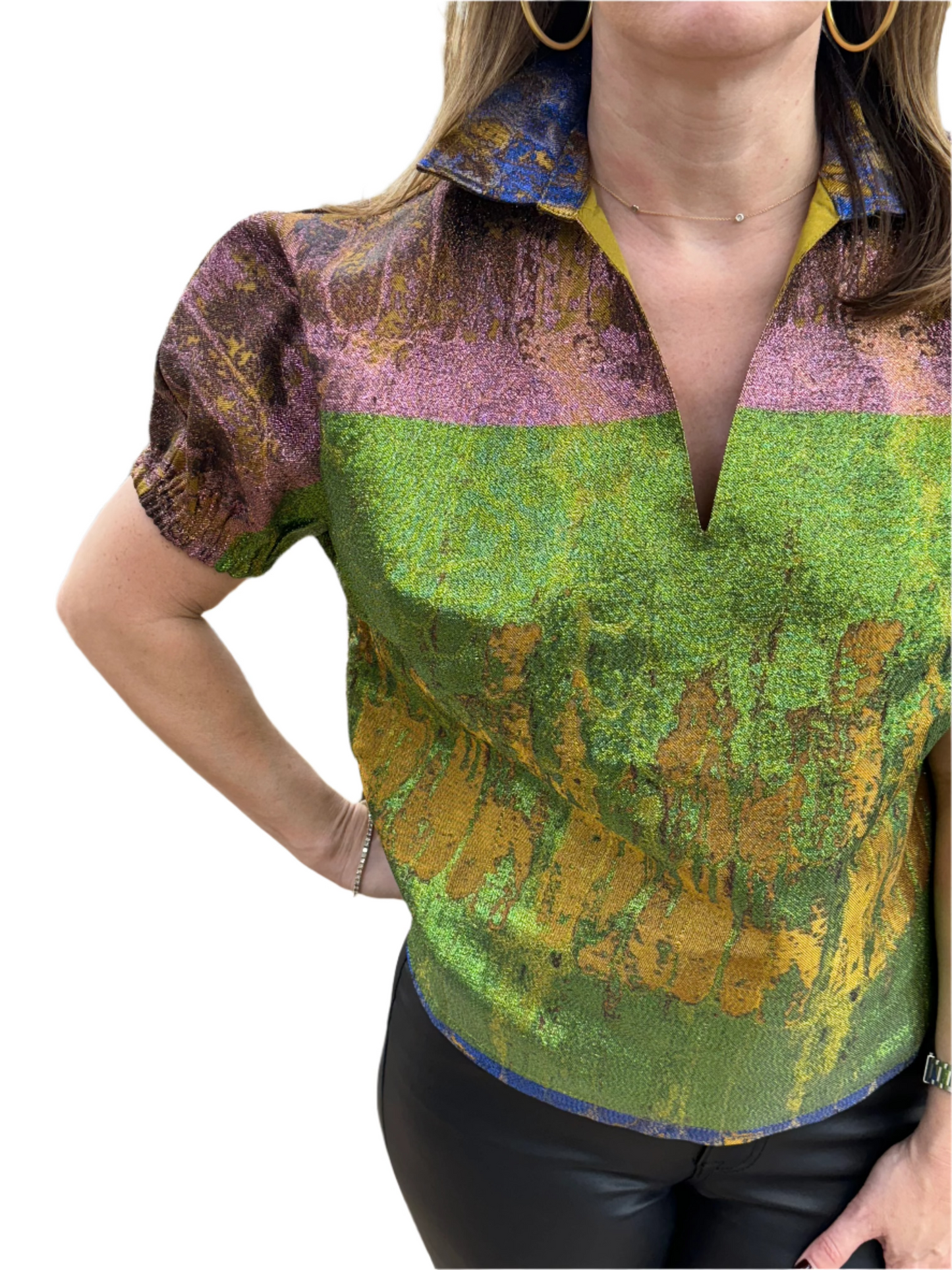 green gold and purple metallic short sleeve mardi gras collared top