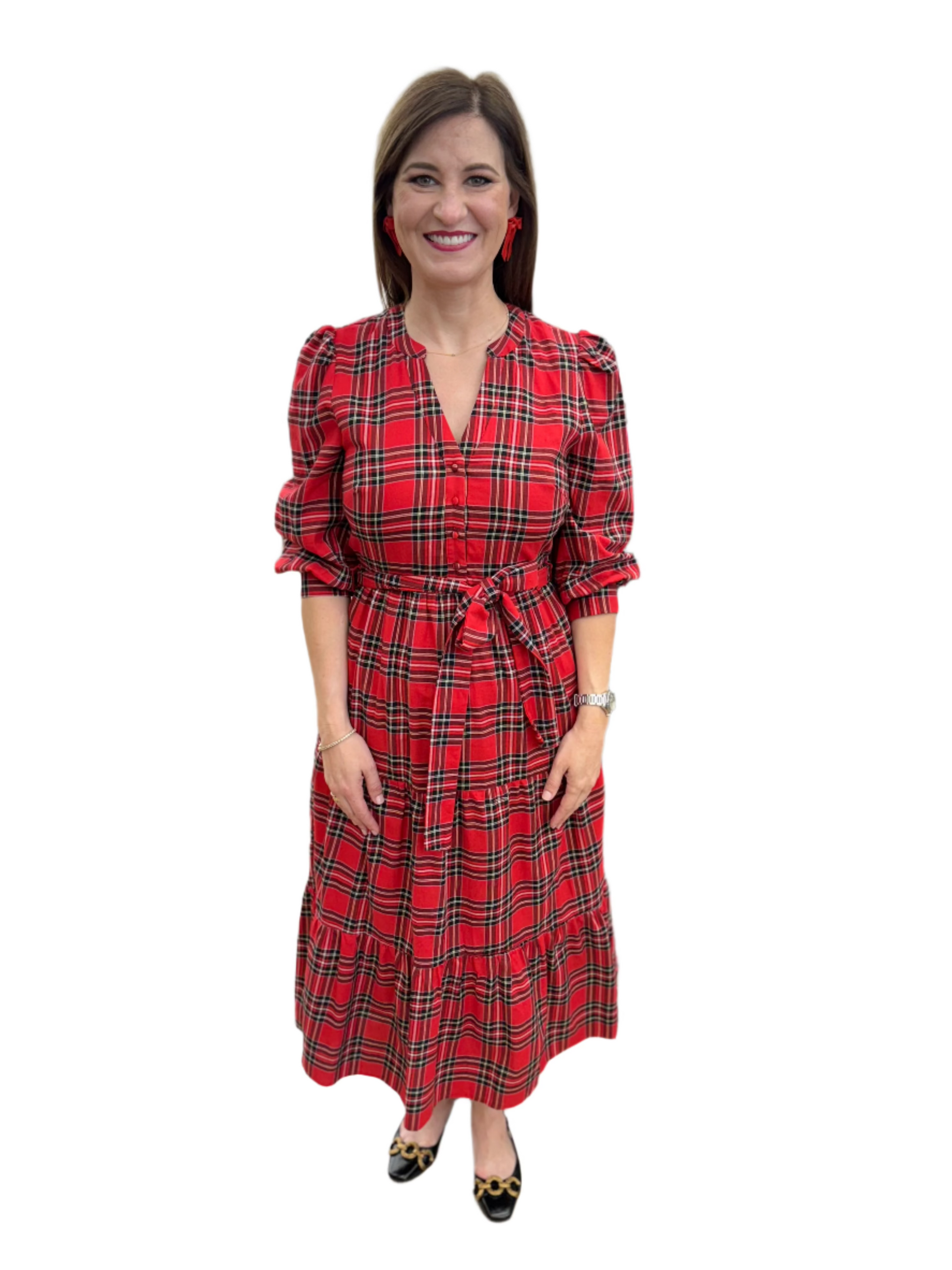 red tartan plaid midi ruffle skirt dress with tie belt