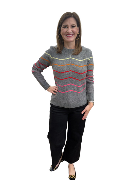 colorful stripe and grey sweater