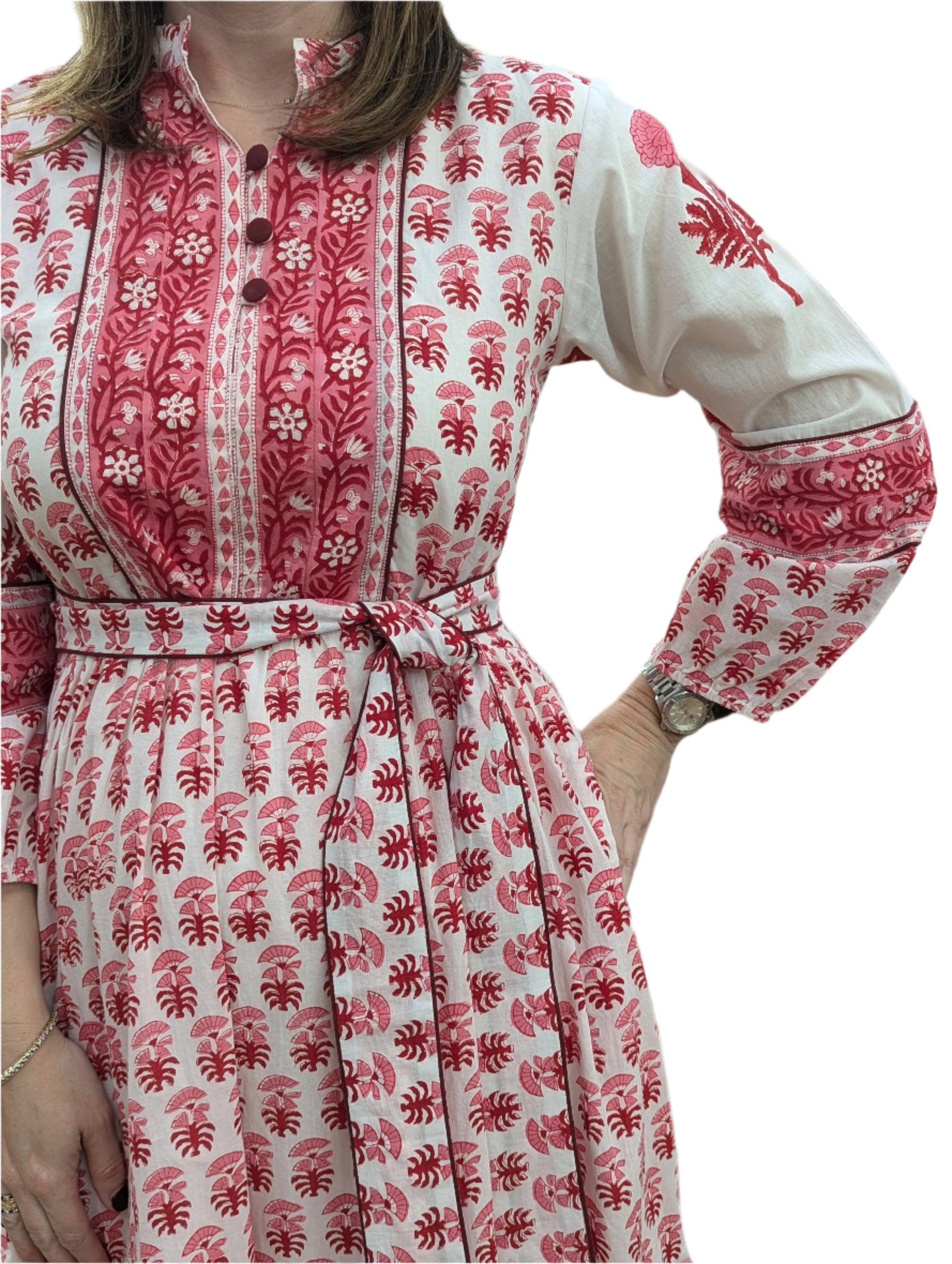 block print maxi dress with tie belt