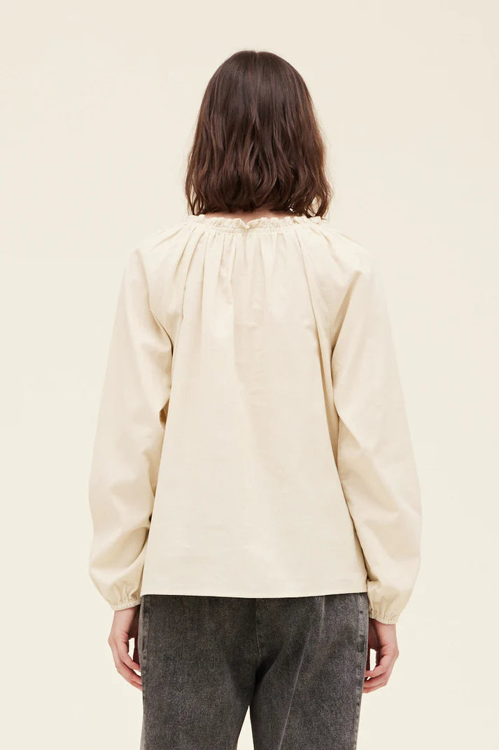 soft corduroy ruffled neck oversized top