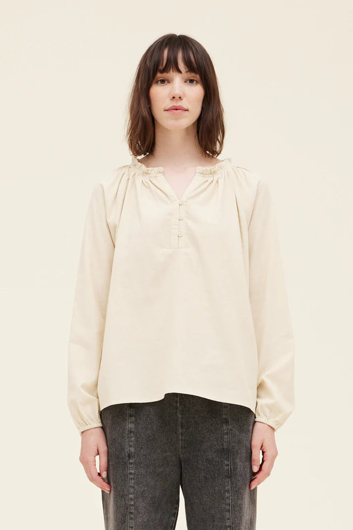 soft corduroy ruffled neck oversized top with button detail