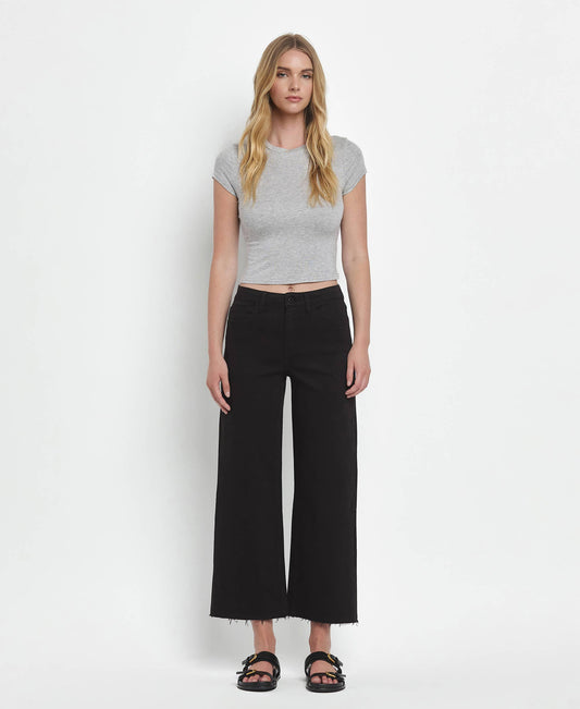 high rise wide leg frayed bottom denim jeans