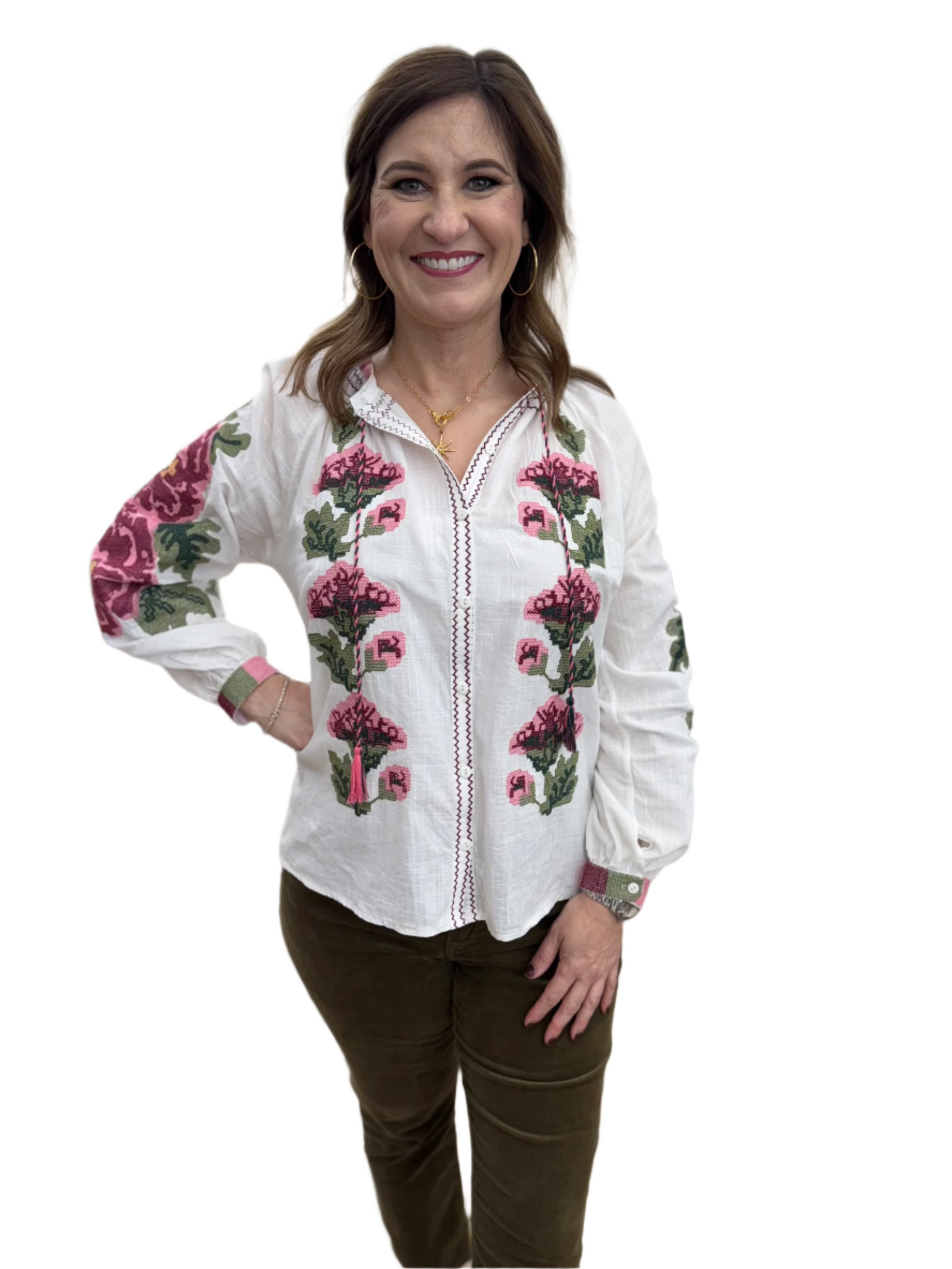 rose embroidered long sleeve button up tie neck blouse