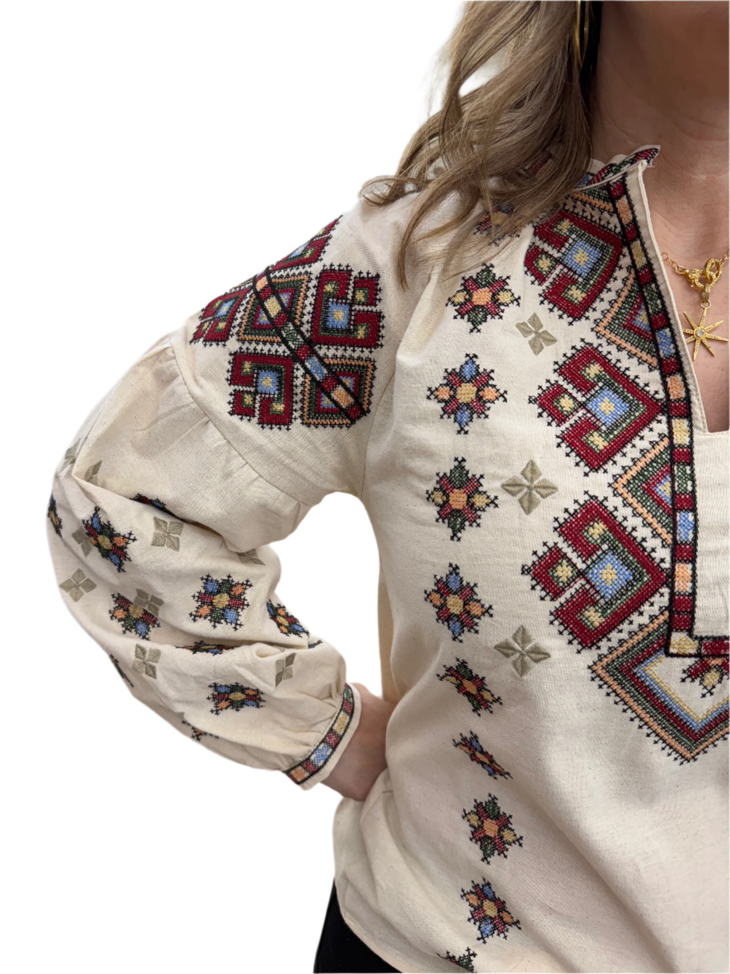 long puff sleeve geometric embroidered split neck linen top