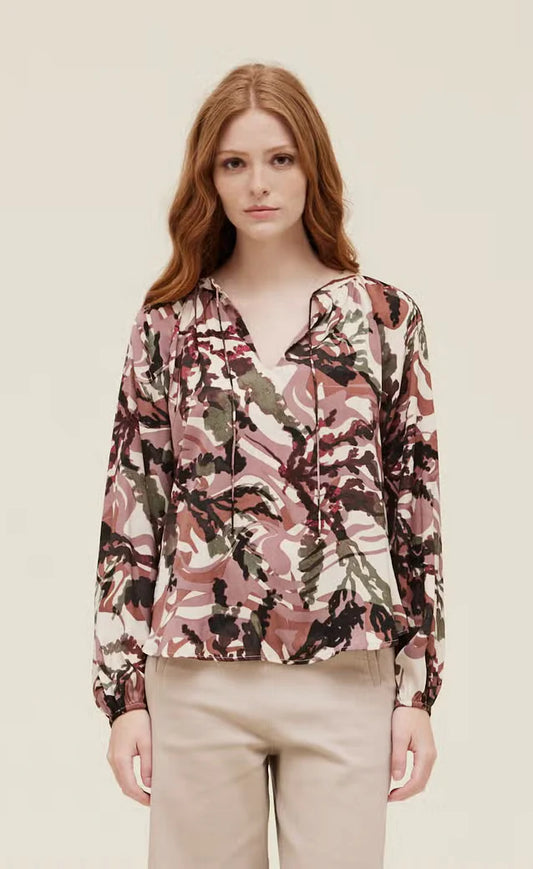 rosewood floral satin long sleeve blouse with tie neck