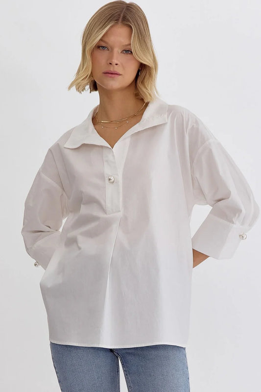 white cotton collared tunic shirt with pearl buttons